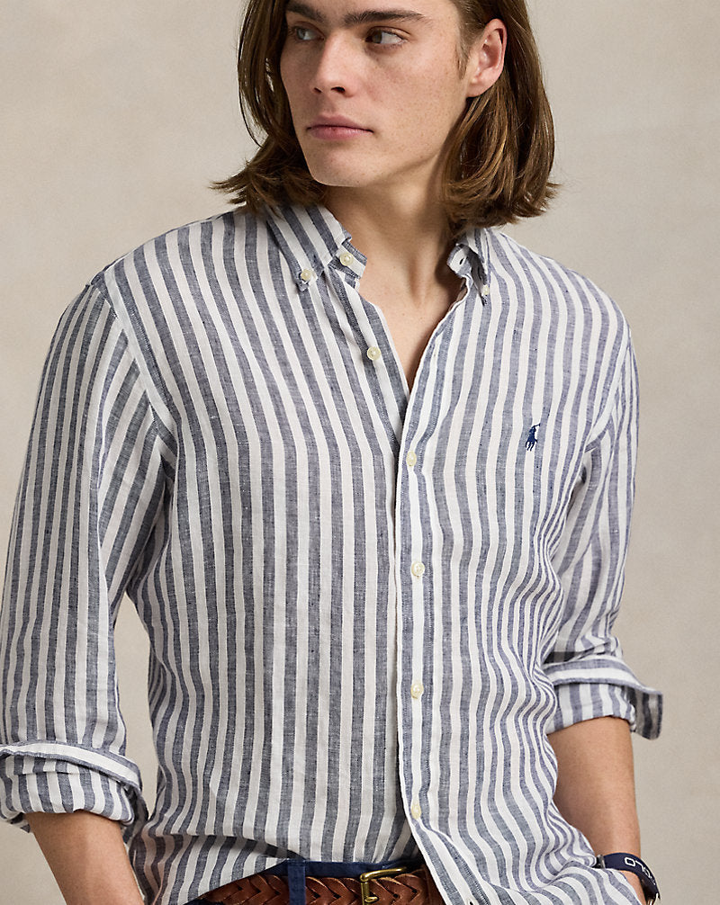Custom Fit Striped Linen Shirt Navy/White