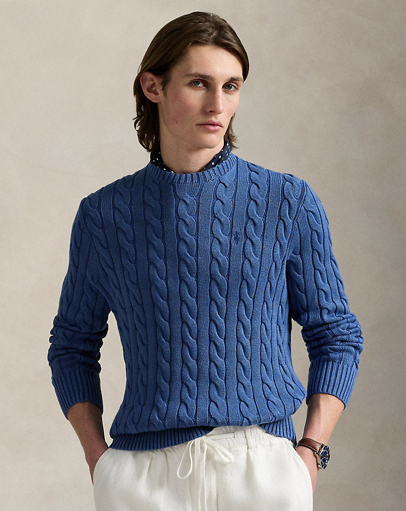 Cable-Knit Garment-Dyed Cotton Jumper Navy