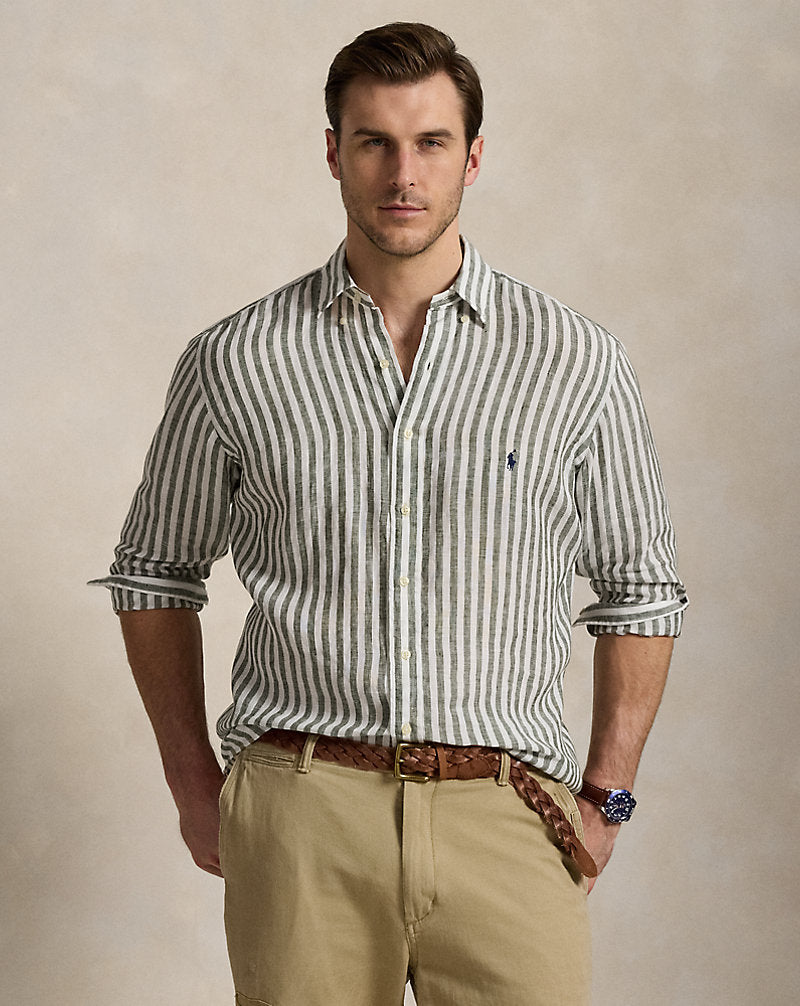 Striped Linen Shirt New Olive/White