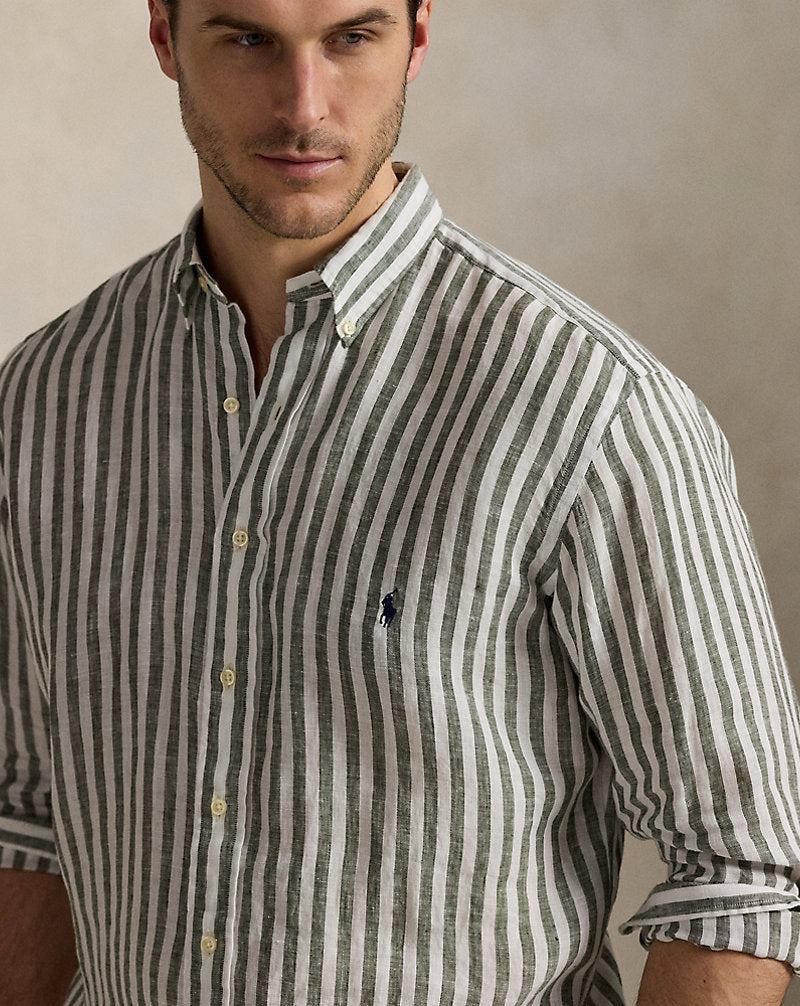 Striped Linen Shirt New Olive/White