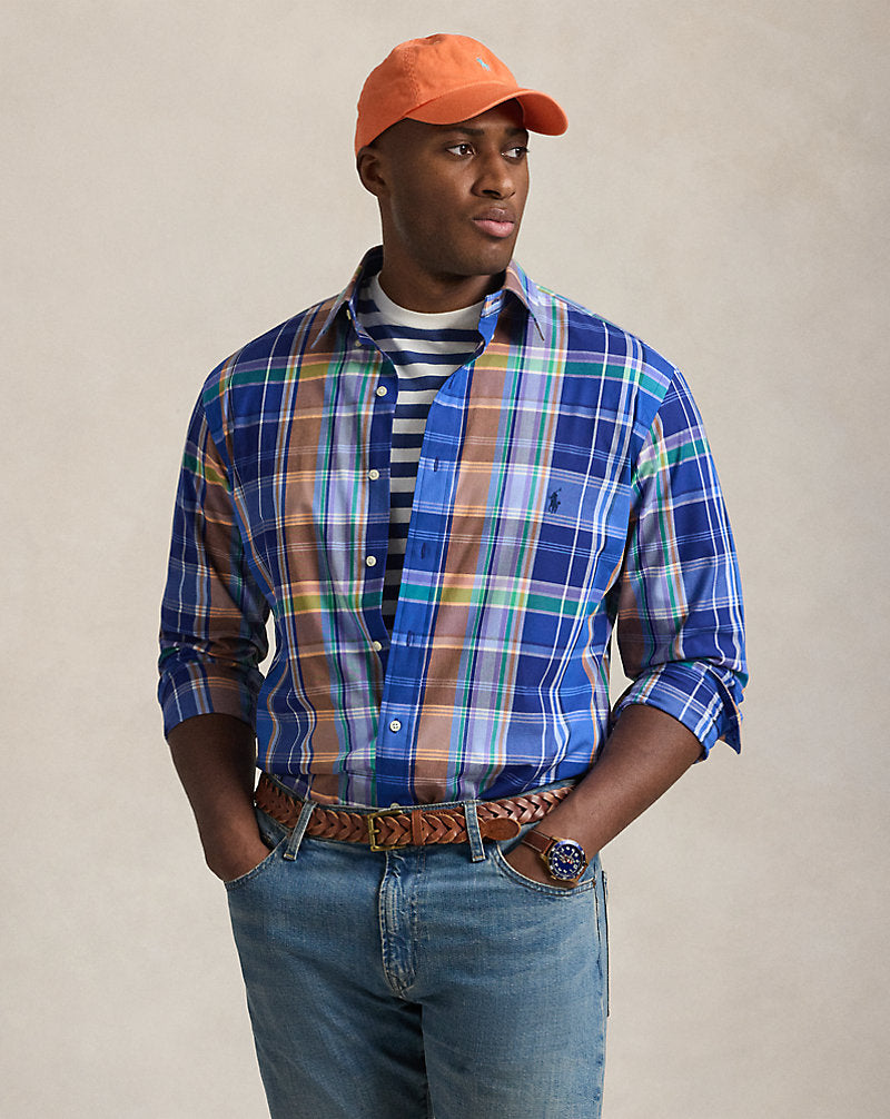 Plaid Stretch Poplin Shirt Blue Orange Multi