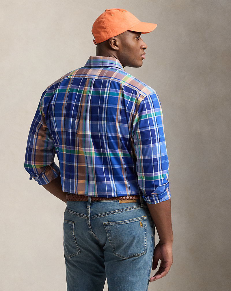 Plaid Stretch Poplin Shirt Blue Orange Multi