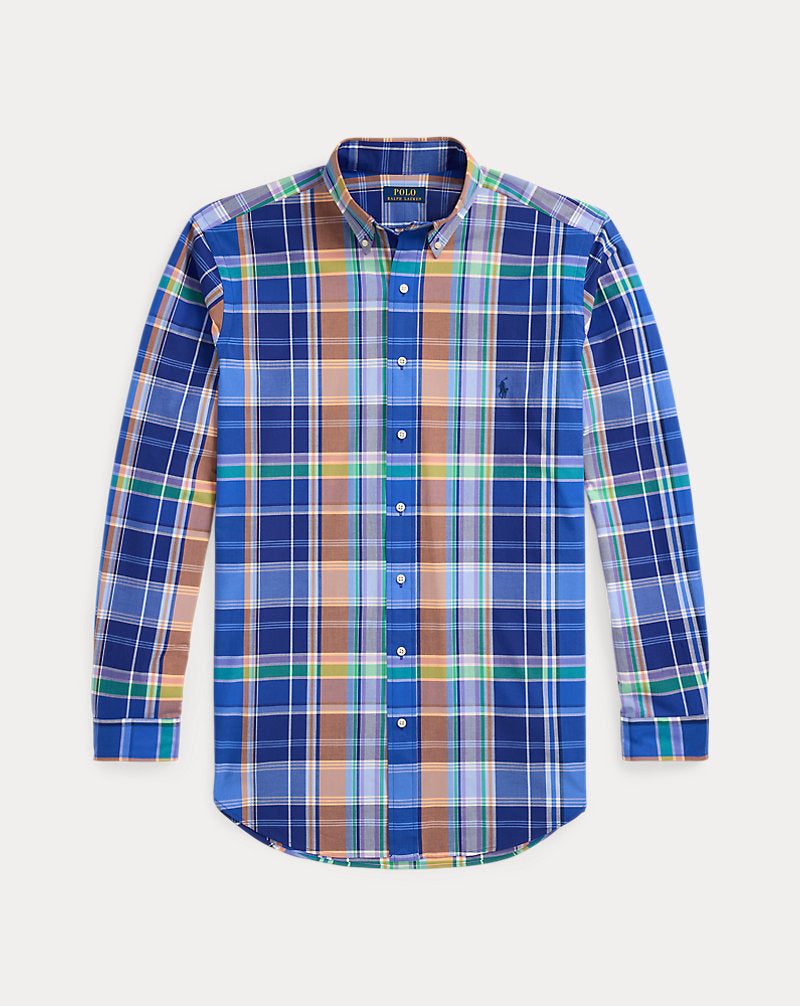 Plaid Stretch Poplin Shirt Blue Orange Multi