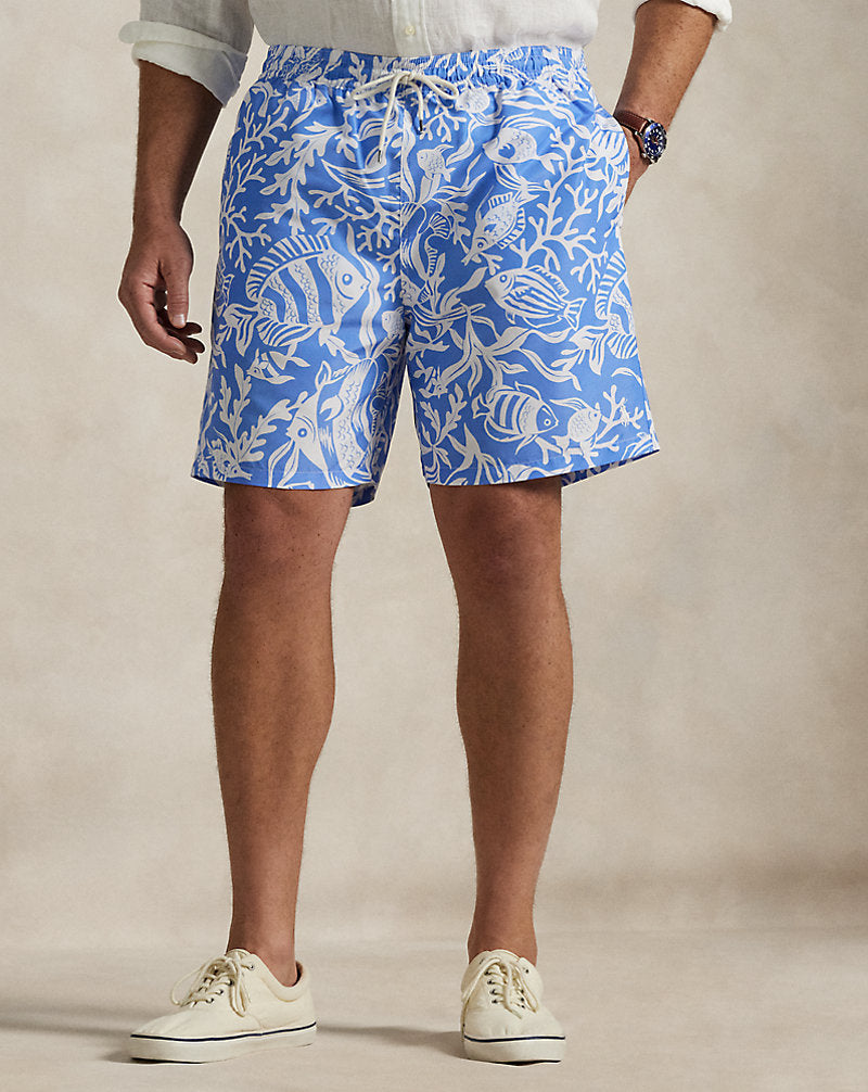 Traveller Classic Fit Swimming Trunks Fish Coral Light Blue