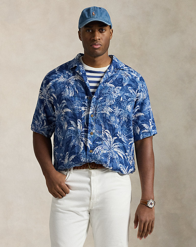 Tropical-Print Linen Camp Shirt Indigo Palm Shadow