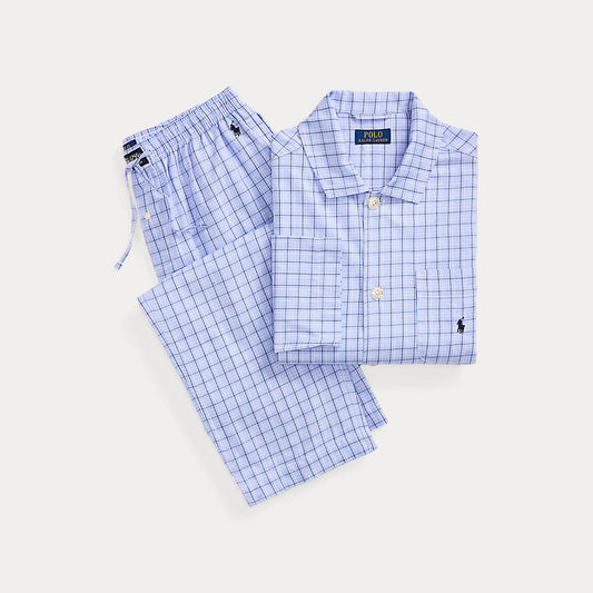 Monogram-Print Cotton Pyjama Set Blueplaid