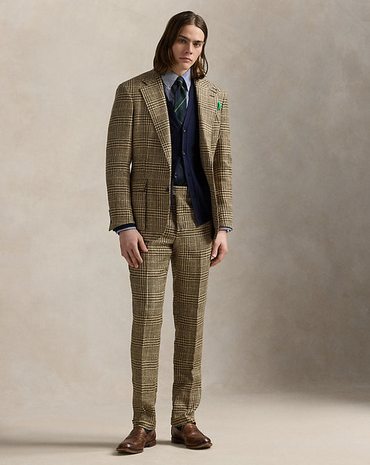 Glen Plaid Linen-Silk Suit Trouser Tan/Brown And Green Deco