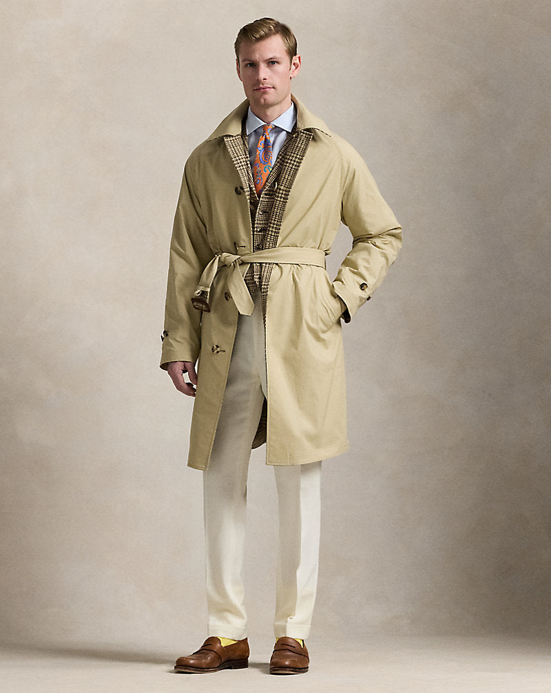 Reversible Tweed-Poplin Topcoat Tan/Brown And Green Deco
