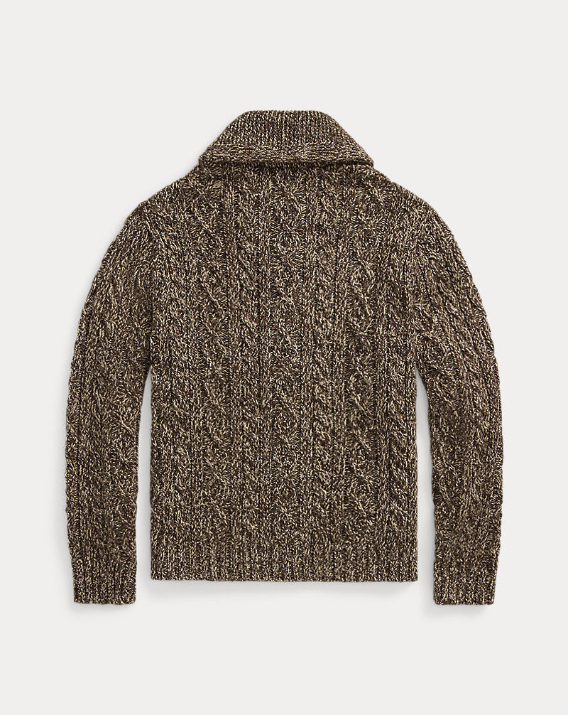 Marled Aran-Knit Shawl Cardigan Brown/Cream Marl