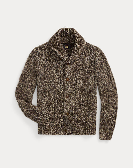 Marled Aran-Knit Shawl Cardigan Brown/Cream Marl