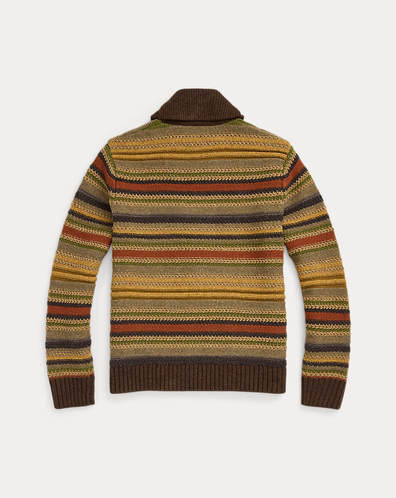 Striped Wool Shawl-Collar Cardigan Brown Multi