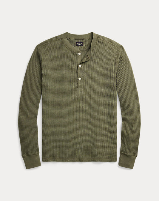 Garment-Dyed Waffle-Knit Henley Shirt Olive