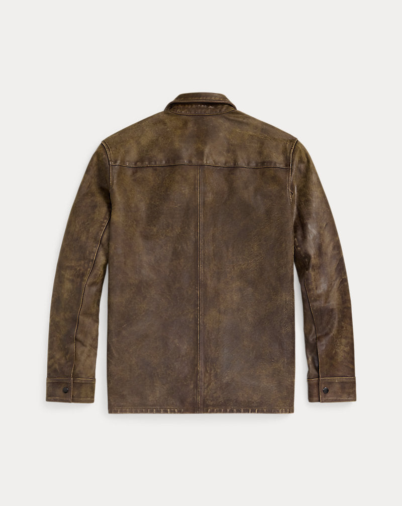 Hand-Distressed Leather Overshirt Black Over Brown