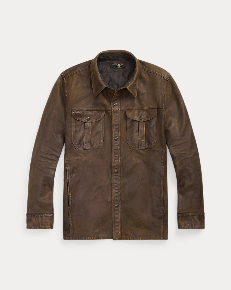 Hand-Distressed Leather Overshirt Black Over Brown