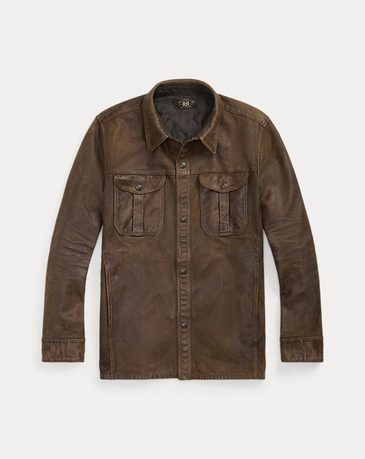 Hand-Distressed Leather Overshirt Black Over Brown