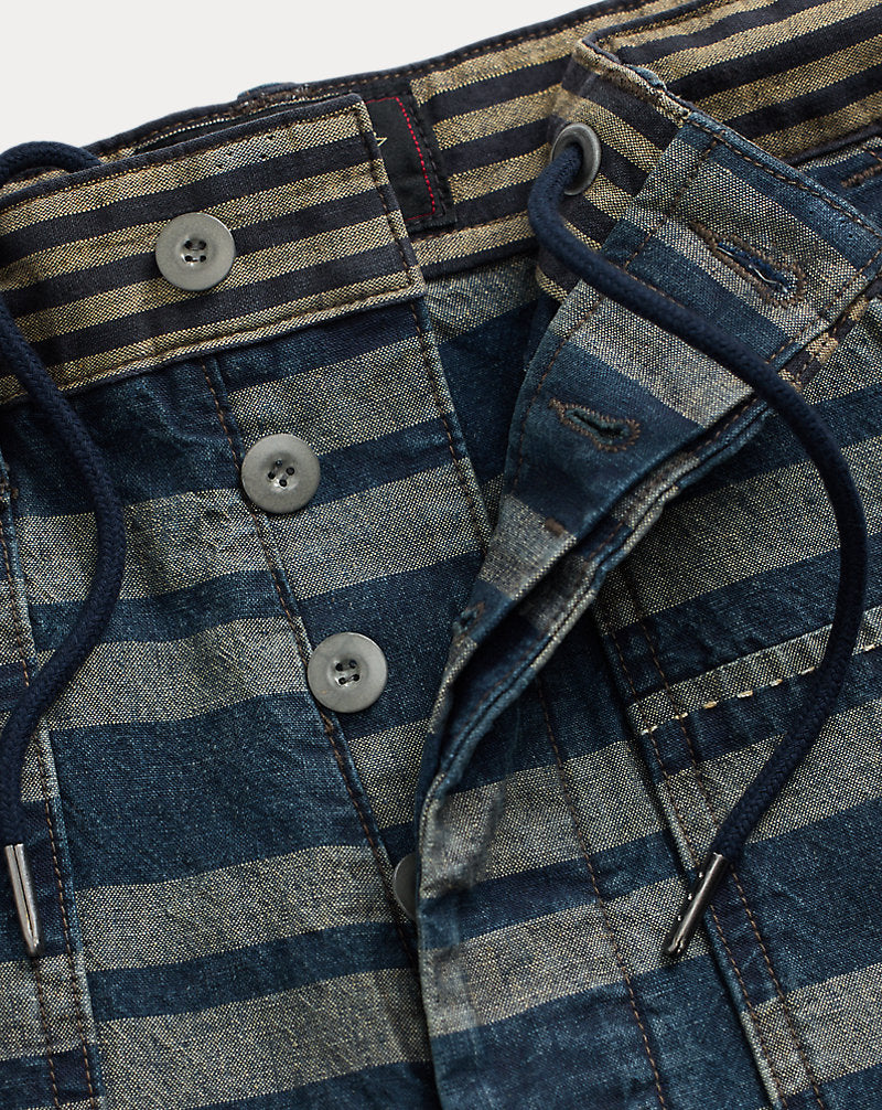 Indigo Striped Linen-Cotton Short Faded Indigo