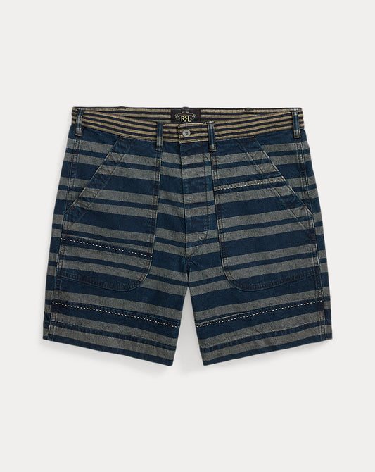 Indigo Striped Linen-Cotton Short Faded Indigo