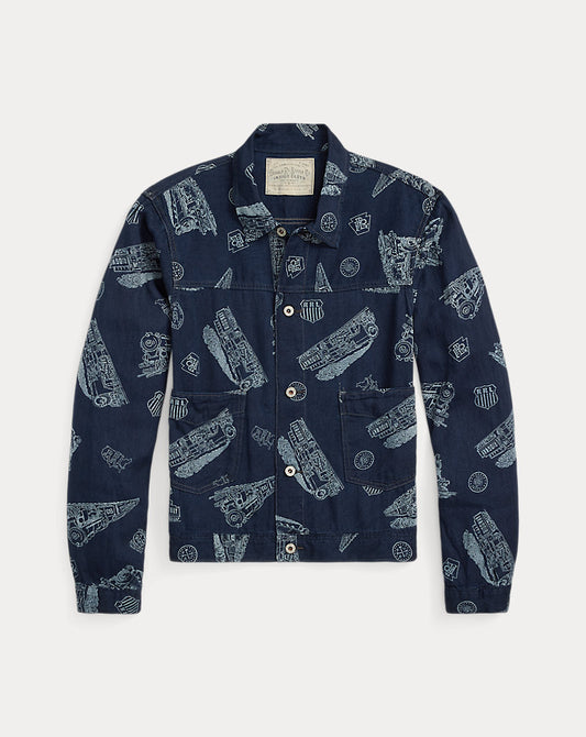 Indigo Railroad-Print Twill Jacket Indigo/White