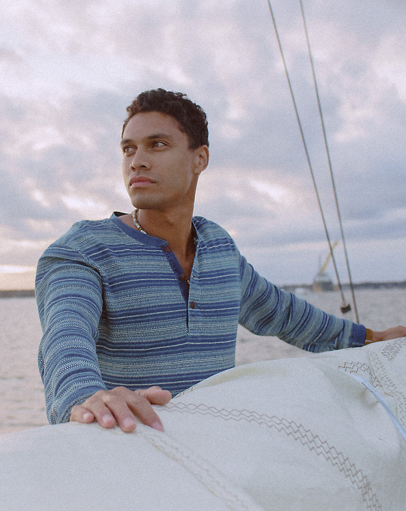 Indigo Striped Jacquard Henley Shirt Indigo Multi