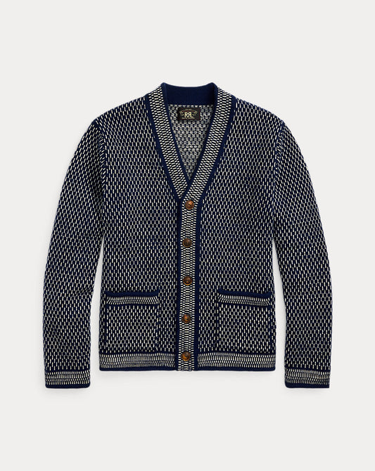 Indigo Cotton-Wool V-Neck Cardigan Navy/Cream