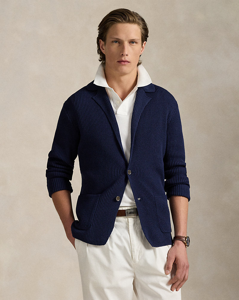 Mesh-Knit Cotton-Blend Blazer Cardigan Refined Navy