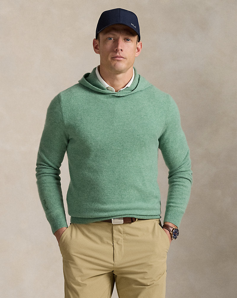 Washable Cashmere Hooded Jumper Field Olive Heather