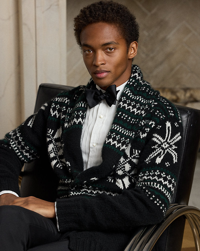 Hand-Knit Cashmere Shawl Cardigan Cls Blk W/Lux Crm&pine Gr