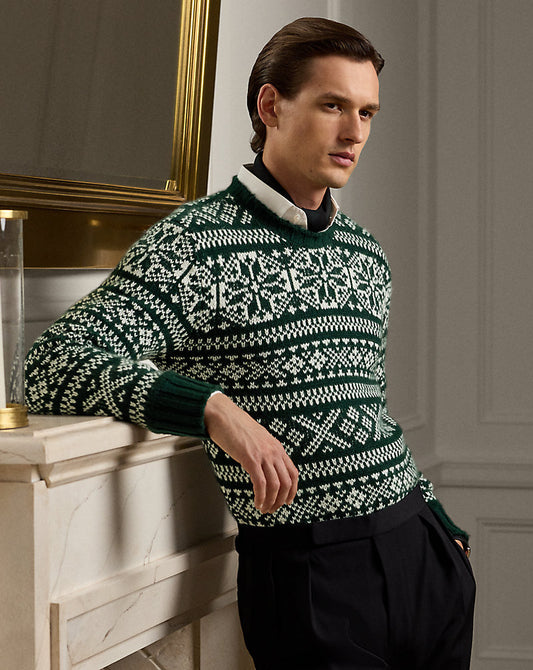 Snowflake-Patterned Cashmere Sweater Pine Grove W/ Lux Cream