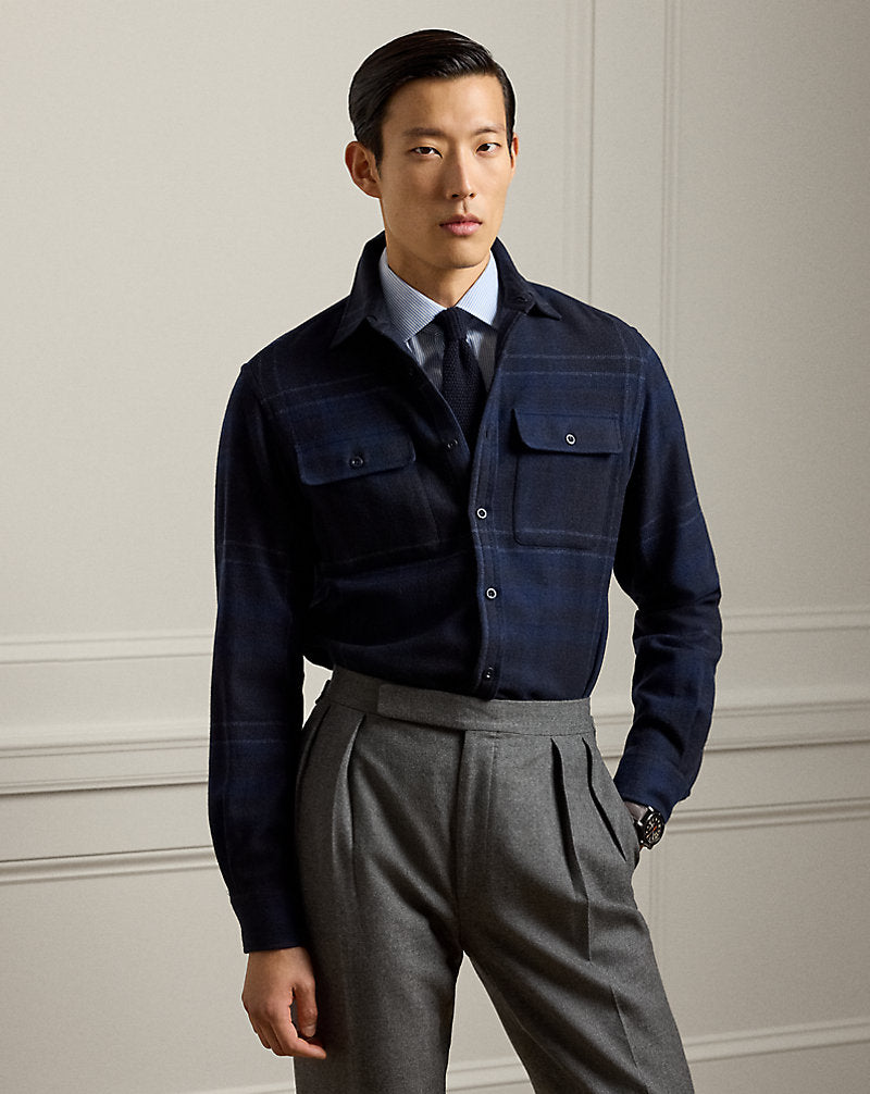Plaid Wool-Blend Shirt Navy