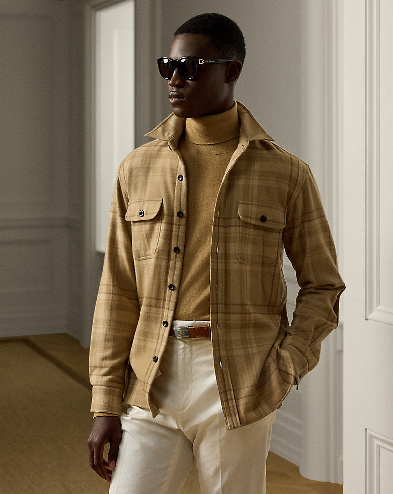 Plaid Wool-Blend Shirt Camel