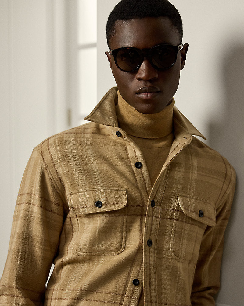 Plaid Wool-Blend Shirt Camel