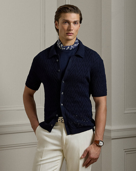 Textured Cotton Short-Sleeve Cardigan Classic Chairman Navy