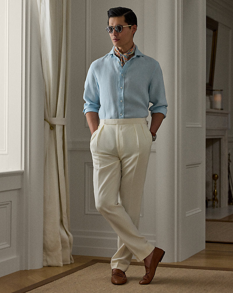 Basket-Weave Linen Shirt Chambray Blue