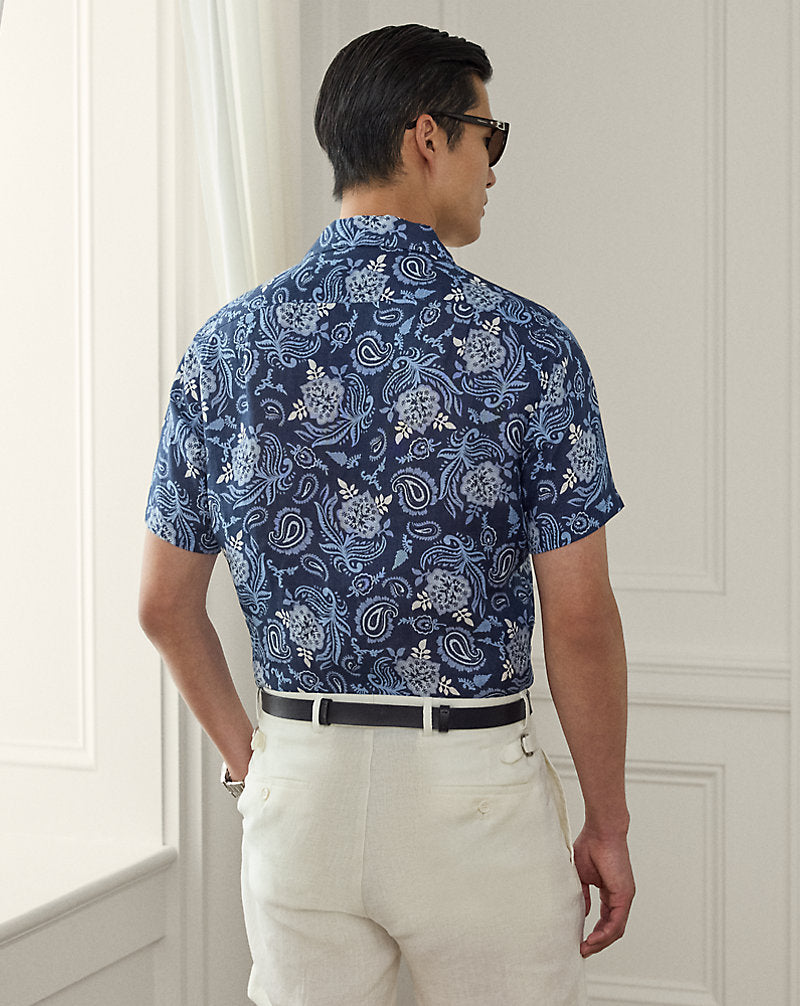 Paisley-Print Linen Camp Shirt Navy Tonal