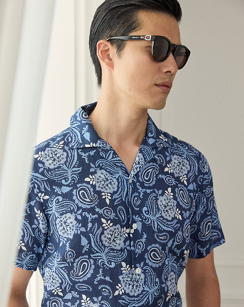 Paisley-Print Linen Camp Shirt Navy Tonal
