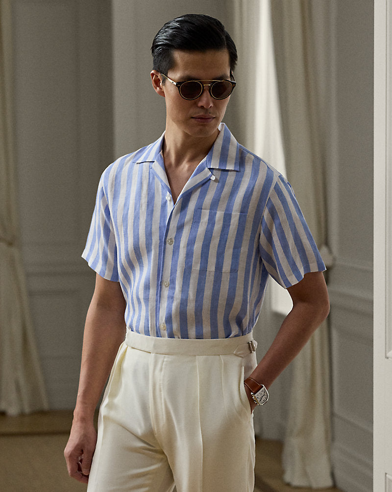Striped Linen Camp Shirt Cornflower Blue/White