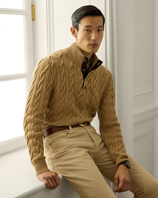 Cable-Knit Cashmere Mockneck Jumper Camel Melange