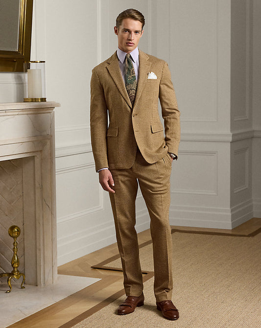 Hand-Tailored Plaid Jersey Suit Trouser Camel/Light Brown